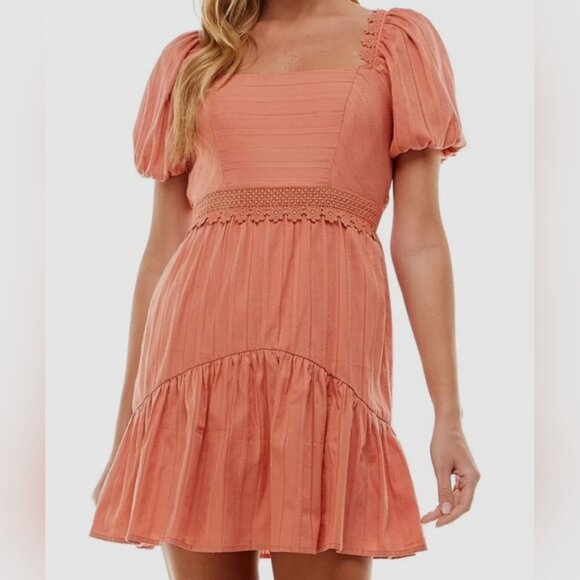 NWT City Studio Cotton CROCHET Trim Puff Sleeve Fit & Flare Mini Dress LG NEW - Picture 1 of 6